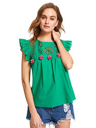 Romwe Women's Sleeveless Floral Embroidery Ruffle Summer Boho Blouse Top Green M