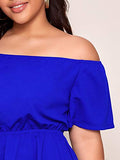 Romwe Women's Plus Size Off The Shoulder Hollowed Out Scallop Hem Party Short Dresses Blue 1X