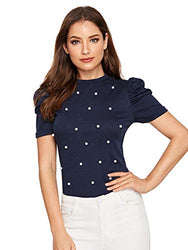 Romwe Women's Elegant Pearl Embellished Puff Short Sleeve Blouse Tops Navy Small