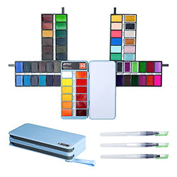 ARTSY Watercolor Paint Set — 60 Premium Colors with 3 Water Brushes in a Velvet Bag— Foldable Portable Watercolor Travel Set Perfect for Artists Adults Beginners Field Sketch Outdoor Painting