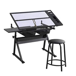 Drafting Table for Artists, Height Adjustable Glass Writing Desk with Stool, 2 Drawers, Stationery Storage, Tiltable Drawing Table Craft/Art Desk, Diamond Painting Desk for Adults Kids Home School