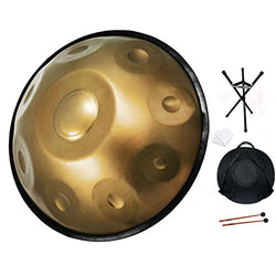 AS TEMAN HANDPAN, Handpan drum instrument in F Minor 9 Notes 22 inches Steel Hand Drum with Soft Hand Pan Bag, 2 handpan mallet,Handpan Stand,dust-free cloth,gold
