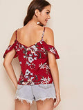 Romwe Women's Elegant Floral Print Cold Shoulder Ruffle Short Sleeve V-Neck Summer Blouse Top Red Medium