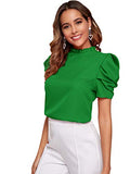 Romwe Women's Casual Puff Short Sleeve Frill Trim Mock Neck Solid Blouse Tops Green M