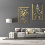 Blueyets 4 Pack Wall Decor, Large Real Metal Minimalist Wall Art, Modern Abstract Female Body Flower Woman Face Lover Single Line Wall Sculptures Set for Home Bedroom Living Room, Gold