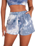 Romwe Women's Tie Dye Workout Shorts Elastic Waist Athletic Running Shorts with Pocket Blue and White S