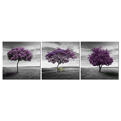 Pyradecor 3 Piece Purple Trees Modern Stretched and Framed Landscape Artwork Giclee Canvas Prints Fall Forest Pictures Paintings on Canvas Wall Art for Living Room Bedroom Home Office Decorations