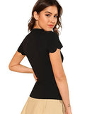 Romwe Women's Scalloped Cut Out V Neck Short Sleeve Sexy Tee Tops Black Large