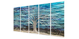 RICHSPACE ARTS Blue Accents Metal Wall Art Home Decor Large Modern Metallic Artwork 3d Horizontal Sculpture with Bright Silver Tree on Aluminum Abstract Wall Decor 5 Panels for Living Room Bedroom Dining Room Office