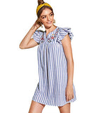 Romwe Women's V Neck Striped Floral Ruffle Embroidery Cotton Summer Boho Dress Top Blue XS