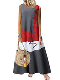 ZANZEA Women's Sleeveless Round Neck Summer Maxi Long Dresses Color Block Casual Sundress with Pockets Grey Medium