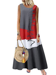 ZANZEA Women's Sleeveless Round Neck Summer Maxi Long Dresses Color Block Casual Sundress with Pockets Grey Medium