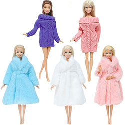 WEGUTATS 5 Set Fashion Girl Doll Clothes Set Winter Outfits, 3 pcs Handmade Soft Fur Coat + 2 pcs Casual Long Sleeve Sweater for 11.5 Inch Girl Doll Kids Toy, Xmas Gifts