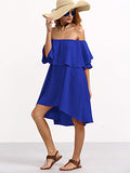 Romwe Women's Off The Shoulder Ruffle Casual Loose Shift Dress Blue M