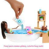 Barbie Fizzy Bath Doll and Playset, Brunette, with Tub, Fizzy Powder, Puppy and More, Gift for Kids 3 to 7 Years Old