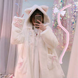 BZB Kawaii Anime Cute Rabbit Ears Hooded For Women Sweet Lovely Plush Velvet Lolita Warm Coat Jacket Parka White