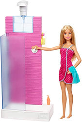 Barbie Doll and Furniture Set, Bathroom with Working Shower and Three Bath Accessories, Gift Set for 3 to 7 Year Olds