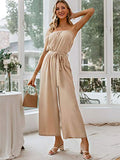 Miessial Women's Strapless Wide Leg Jumpsuits Solid Color Belted Casual Long Jumpsuits Rompers Beige 4-6