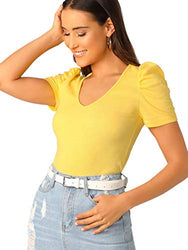 Romwe Women's Elegant Short Puff Sleeve Rib Knit Summer V-Neck Basic T-Shirt Tops Brilliant Yellow X-Small