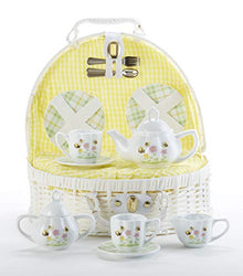 Delton Products Porcelain Bee Buzz Children's Tea Set in White Basket with Yellow Lining
