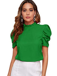 Romwe Women's Casual Puff Short Sleeve Frill Trim Mock Neck Solid Blouse Tops Green M