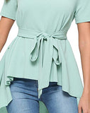 Romwe Women's Irregular Hem Short Sleeve Belted Flare Peplum Ruffle Blouse Shirts Top Green L