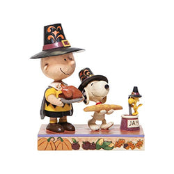 Enesco Jim Shore Peanuts Thanksgiving Charlie Brown Snoopy and Woodstock Figurine, Multicolor