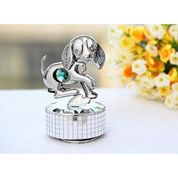 Matashi Chrome Plated Dog Music Box “Love Story” | Silver Table Top Ornament w/Green Crystal |