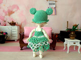 Lati yellow doll dress, miniature crochet green outfit for 1:8 scale Pukifee Irrealdoll Delf BJD clothes