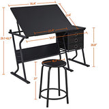 Topeakmart Height Adjustable Drafting Table Art Craft Desk Work Station Hobby Design Studio Tiltable Tabletop Drawing Desk with Stool & Storage Drawers