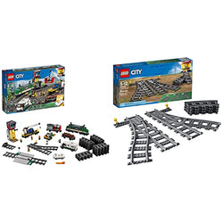 LEGO City Cargo Train Exclusive 60198 Remote Control Train Building Set with Tracks for Kids(1226 Pieces) & City Switch Tracks 60238 Building Kit (8 Pieces)