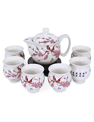 Dahlia Porcelain Peach Blossom Tea Set (Tea Pot w. Infuser + 6 Dual Layer Tea Cups) in Gift Box