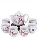 Dahlia Porcelain Peach Blossom Tea Set (Tea Pot w. Infuser + 6 Dual Layer Tea Cups) in Gift Box