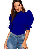 Romwe Women's Puff Half Sleeve Mock Neck Keyhole Back Slim Fit Blouse Tops Blue L