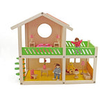 HoneyKidz Wooden Dollhouse with 12-Pc Furniture and 3 Dolls Sturdy 2 Story Doll House Pretend Play Toy with Rooftop Balcony