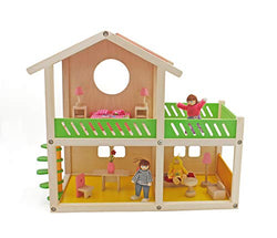 HoneyKidz Wooden Dollhouse with 12-Pc Furniture and 3 Dolls Sturdy 2 Story Doll House Pretend Play Toy with Rooftop Balcony