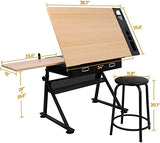 BBBuy MDF Drafting Table Desk Art&Craft Work Station Drawing Desk Height Adjustable Craft Table w/Stool and 2 Storage Drawers for Home Office School Study Room