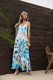 JSQTYSL Women's Summer Casual V Neck Floral Printed Bohemian Spaghetti Strap Tie Dye Long Maxi Dress with Pockets Plus Size XL Blue