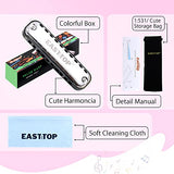 EAST TOP Junior Harmonica,Smoothly Rounded Edge 10 Holes C Key Blues Mouth Organ Harmonica for Kids and Children as Gift,with Fabric Cloth Pouch,Colourful Box, Black