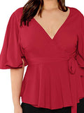 Romwe Women's Plus Size Short Sleeve Deep V Neck Self Belted Casual Peplum Wrap Blouse Red 2X Plus