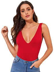 Romwe Women's Casual V-Neck Sleeveless Camisole Slim Fit Summer Tank Cami Top Red Small