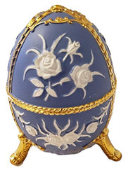 Blue Floral Egg Shaped Musical Jewelry Box playing Bolero