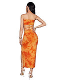Romwe Women's 2 Piece Outfit Tie Dye Criss Cross Halter Crop Top and High Split Bodycon Skirts Set Orange S