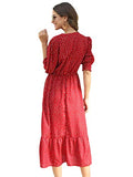 Floerns Women's V Neck Polka Dots Puff Sleeve Ruffle Hem A Line Dress Red S