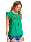 Romwe Women's Sleeveless Floral Embroidery Ruffle Summer Boho Blouse Top Green M