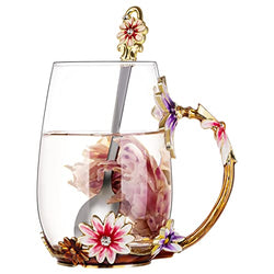 SHEEYEE Gift for Women Enamel Daisy Flower Glass Coffee Mug with Spoon Tea Cup Tea Sets for Mother's Day Christmas Birthday