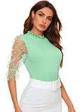 Romwe Women's Summer Short Sleeve Mock Neck Casual Blouse Tops Mint Green Medium