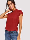 Romwe Women's Elegant Short Sleeve Mock Neck Workwear Blouse Top Shirts Red Solid M