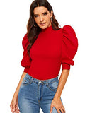 Romwe Women's Puff Half Sleeve Mock Neck Keyhole Back Slim Fit Blouse Tops Red S