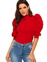 Romwe Women's Puff Half Sleeve Mock Neck Keyhole Back Slim Fit Blouse Tops Red S